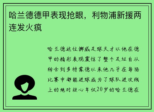 哈兰德德甲表现抢眼，利物浦新援两连发火疯