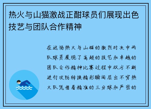 热火与山猫激战正酣球员们展现出色技艺与团队合作精神